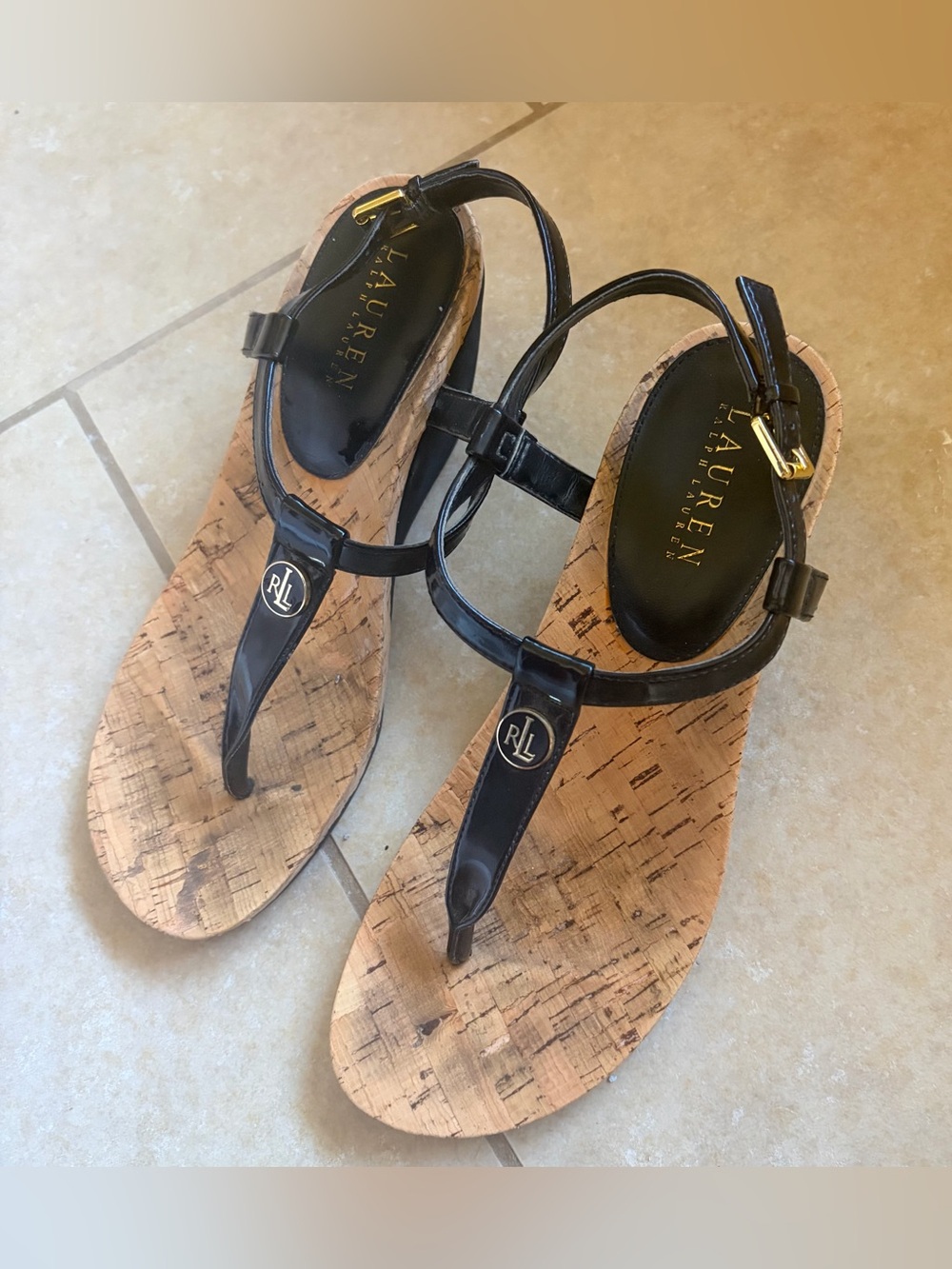 Ralph Lauren Black Leather Thong Sandals with Cork Footbed